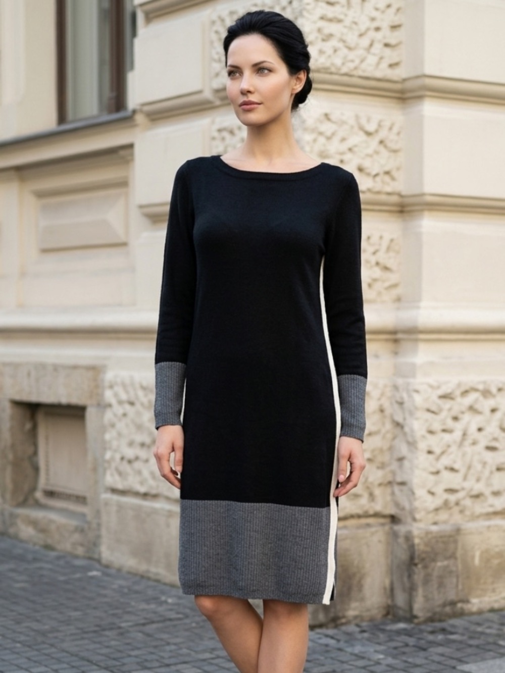 MAGASCHONI Sweater Dress Wool Colorblock Knit Gray Ivory Lightweight Small
